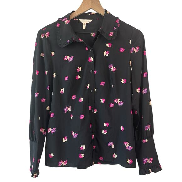 Rebecca Taylor Blouse Black Pink 6 Floriana Long Sleeve Silk Feminine Floral Top - Picture 1 of 15